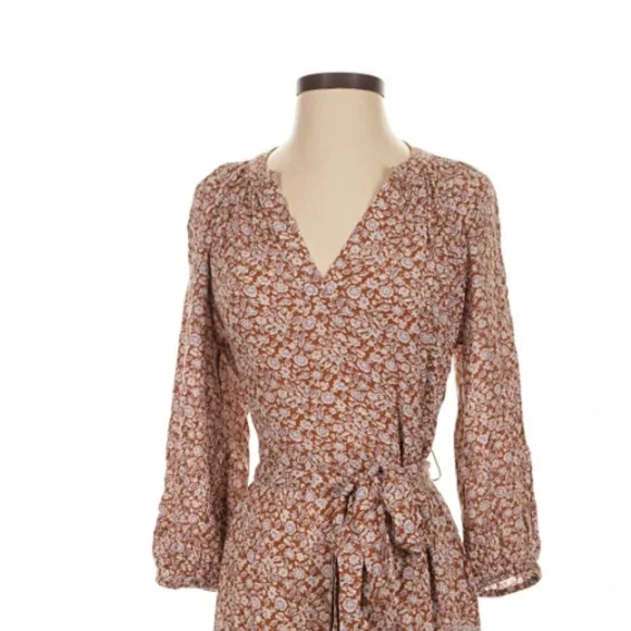 NWT Gap Floral Midi Dress Petite Small Brown 3/4 Sleeve V Neck Boho Peasant - Picture 2 of 5